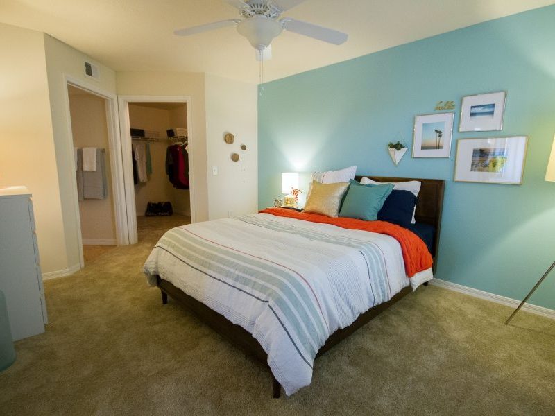 This image is a Premium Apartment Feature that displays a master bedroom. There is a walk-in and linen closet view with a modern touch of color palettes for every costumer's ideal color contrast.