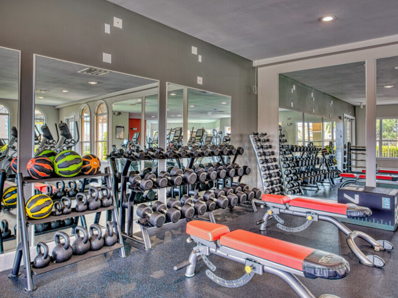 This image showcases essential community amenities offering a 24-hour athletic club with virtual interactive programs for cardio and strength fitness.